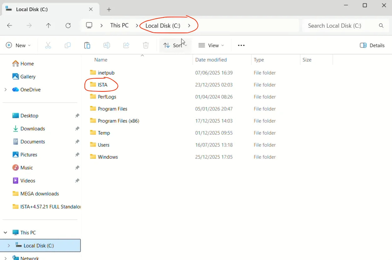 Windows File Explorer showing the ISTA folder located on Local Disk (C:) for ISTA+ installation.