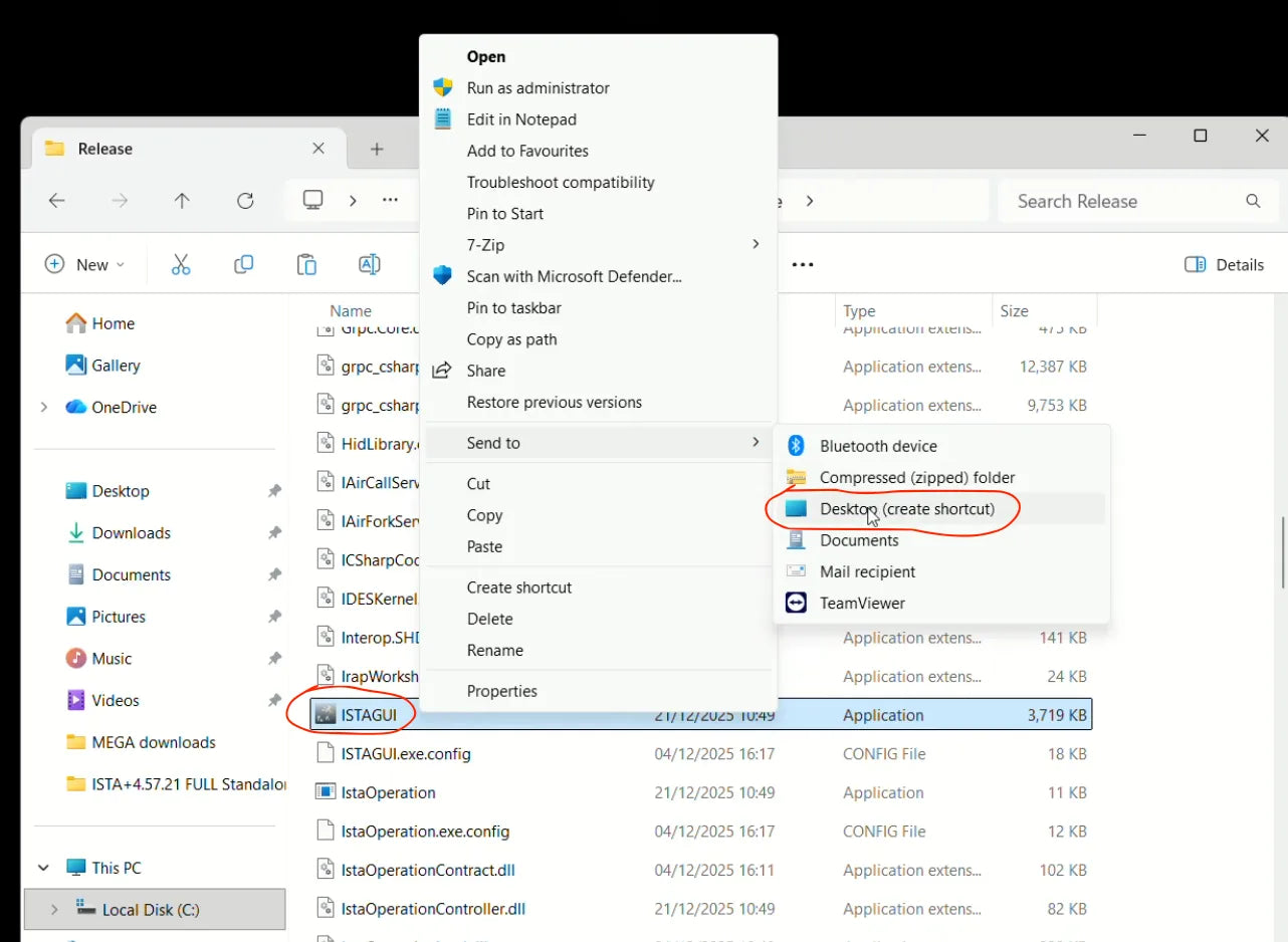 Creating a desktop shortcut for ISTAGUI in Windows File Explorer (Send to → Desktop (create shortcut)) during ISTA+ setup.