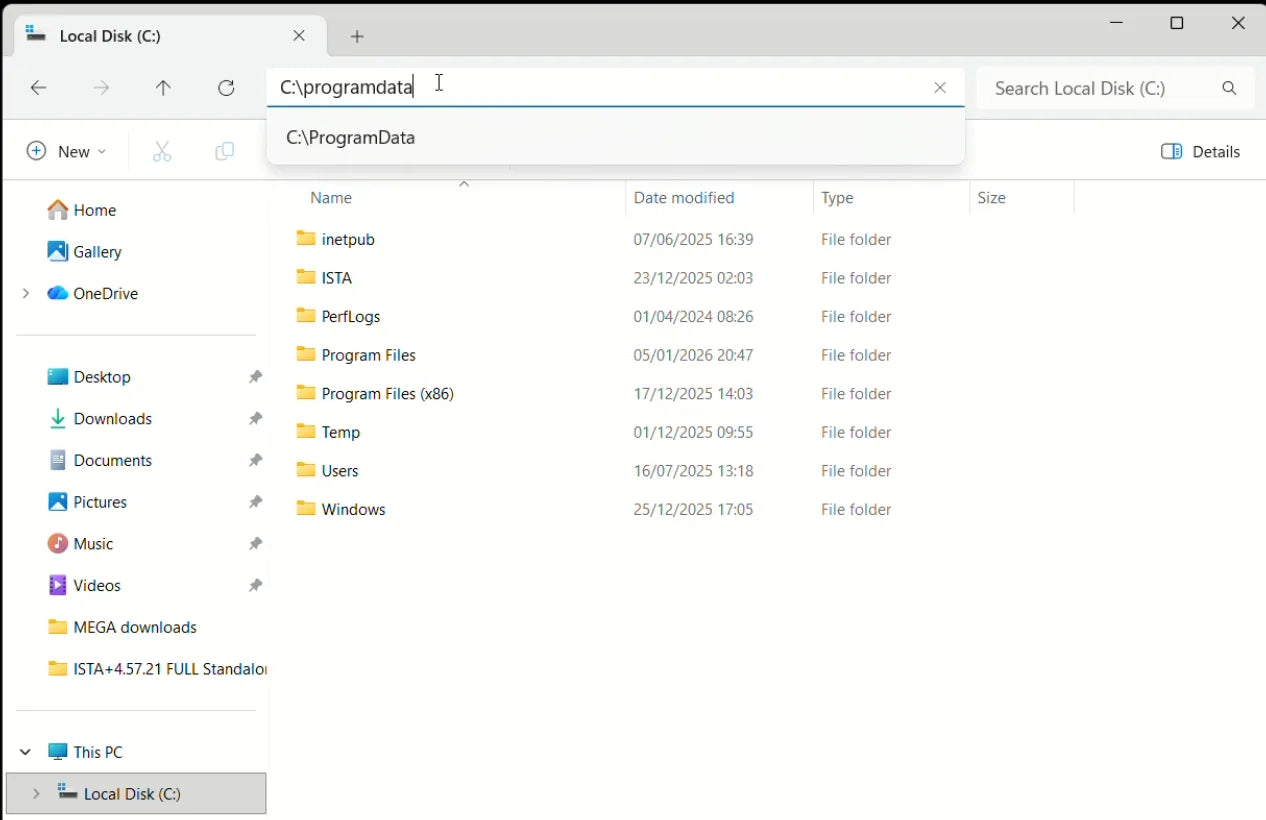 Windows File Explorer address bar showing C:ProgramData being entered to access the ProgramData folder for ISTA+ configuration.