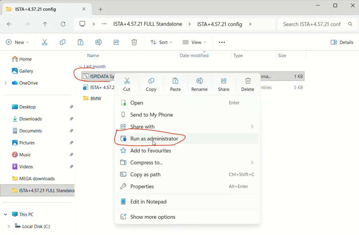 Running “ISPIDATA System Variables” as administrator from the ISTA+ 4.57.21 config folder in Windows File Explorer.