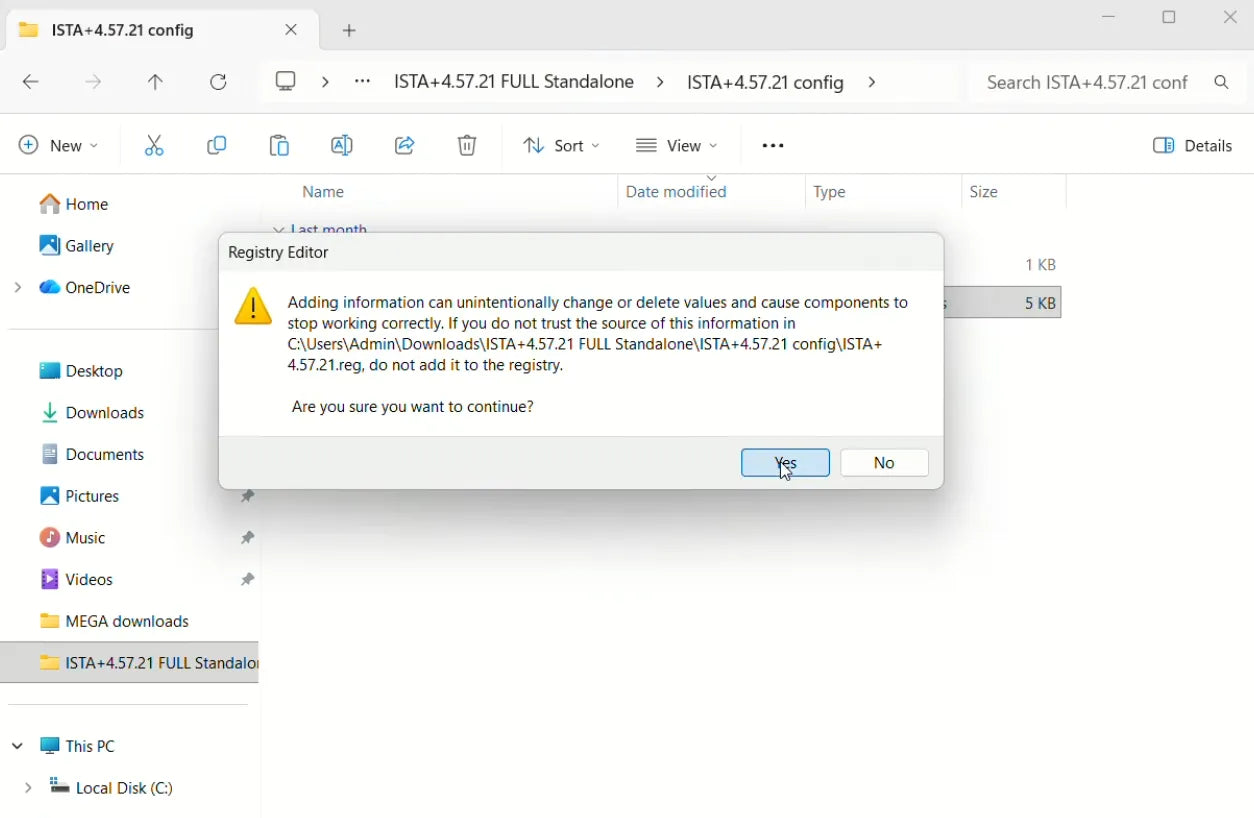 Windows Registry Editor confirmation dialog when importing the ISTA+ 4.57.21 .reg file during installation.