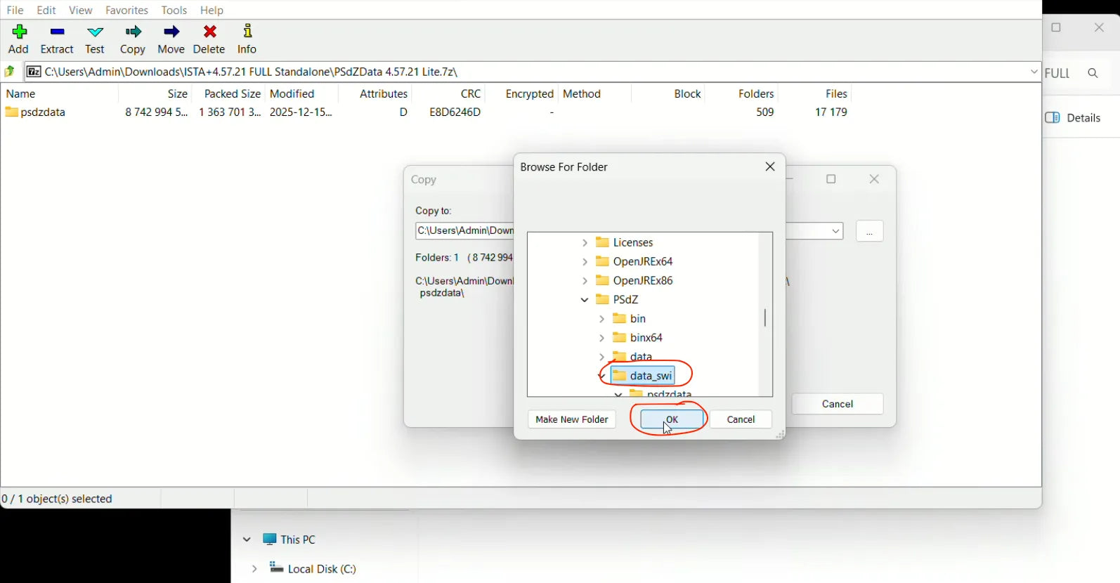Selecting the C:ISTAPSdZdata_swi folder as the extraction destination for PSdZData in 7-Zip during ISTA+ 4.57.21 setup.
