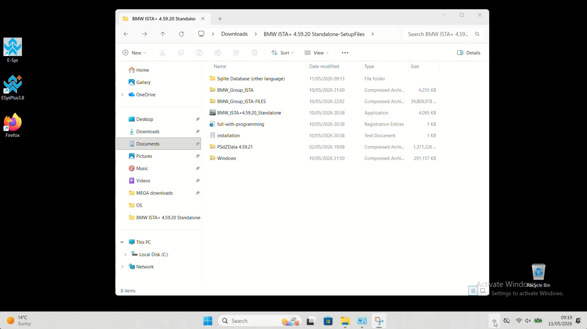 BMW ISTA+ 4.59.20 standalone setup files folder on Windows 11 showing installer, Windows add-ons, full-with-programming registry file, and PSdZData 4.59.21 archive