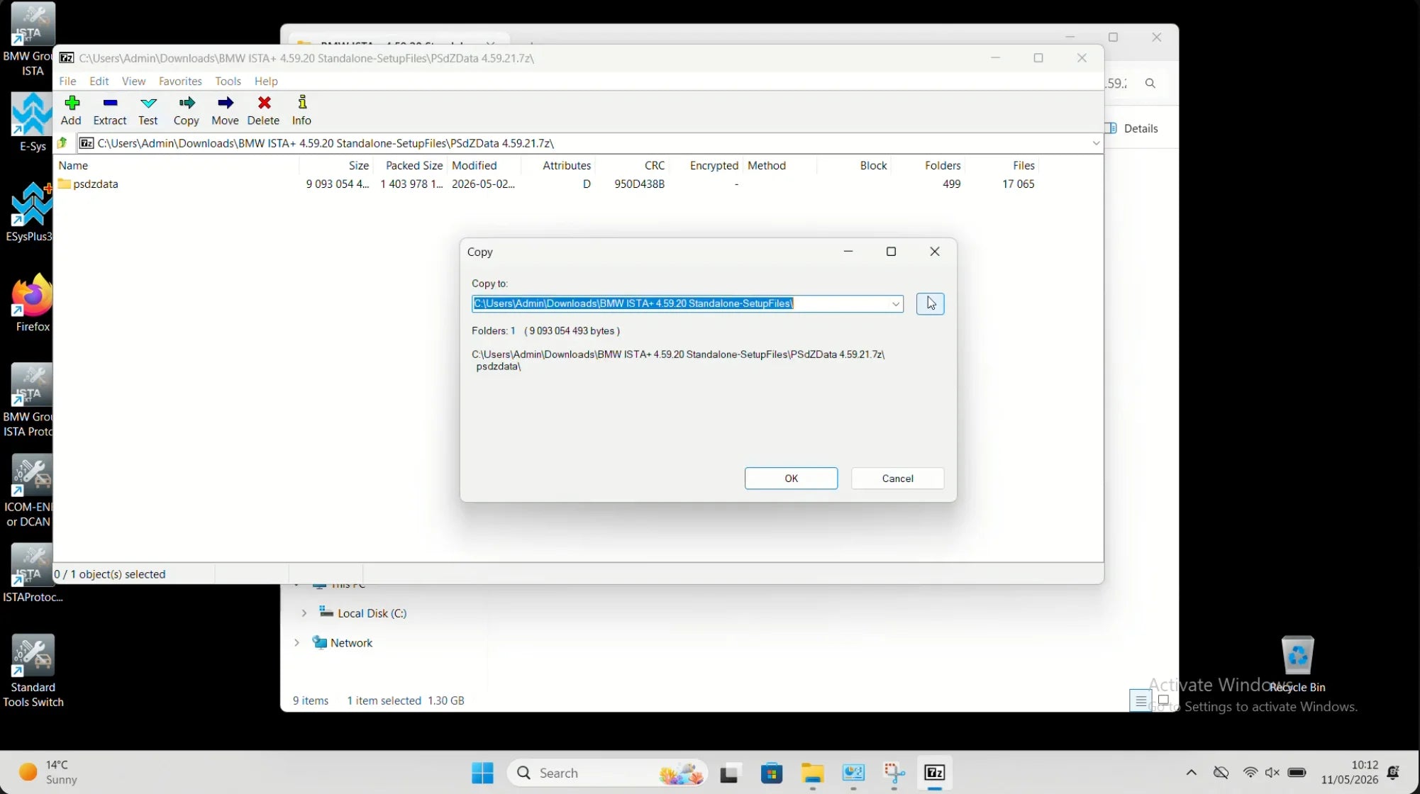 Extracting PSdZData 4.59.21 full with 7-Zip during BMW ISTA+ 4.59.20 installation on Windows 11 for programming data setup