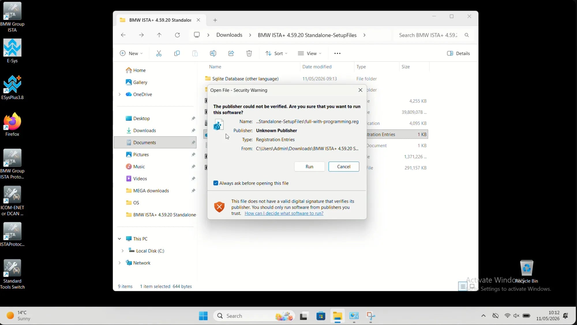 Running full-with-programming registry file for BMW ISTA+ 4.59.20 full version installation on Windows 11
