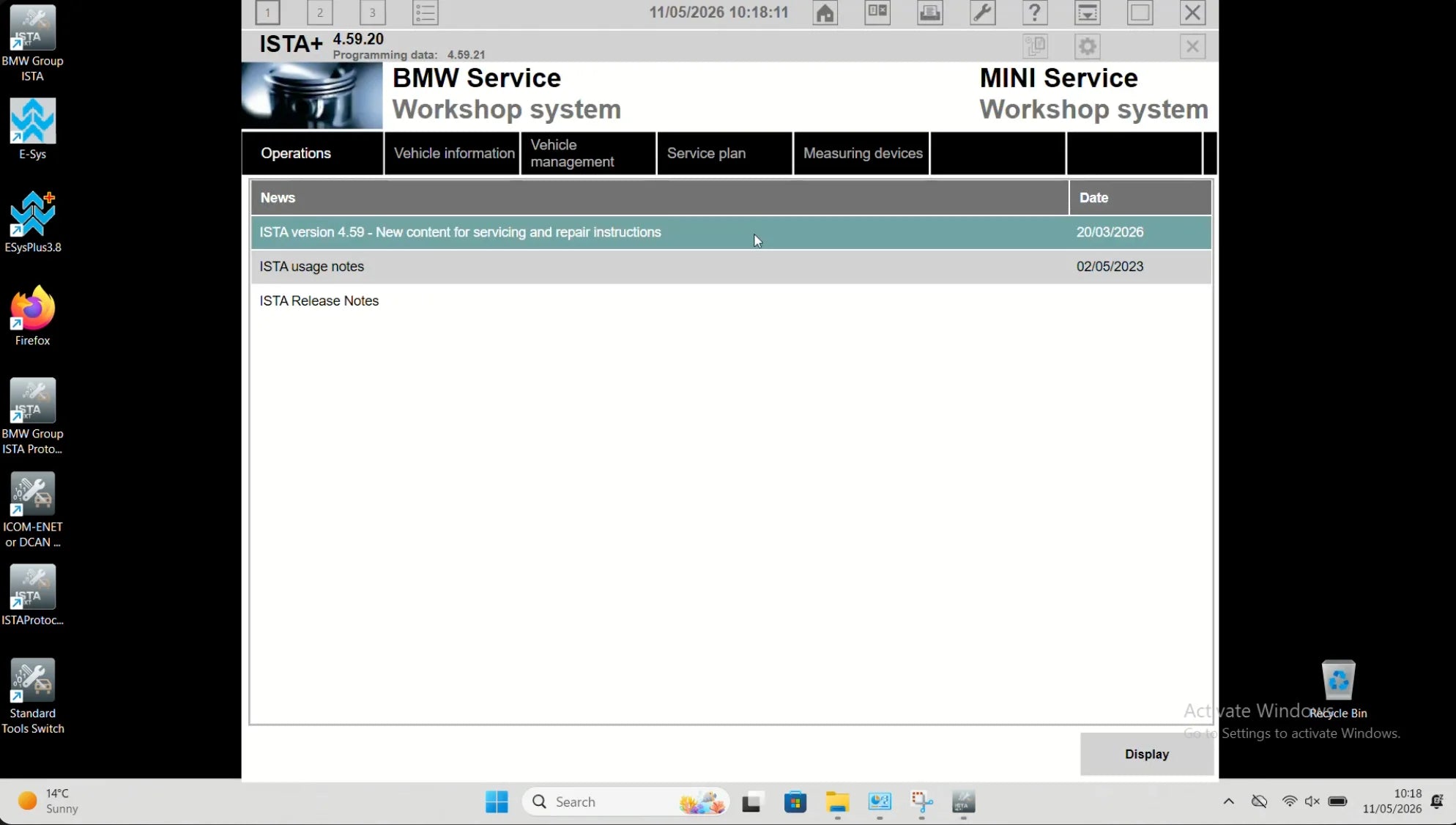 BMW ISTA+ 4.59.20 main screen after successful installation showing BMW Service and MINI Service workshop system interface