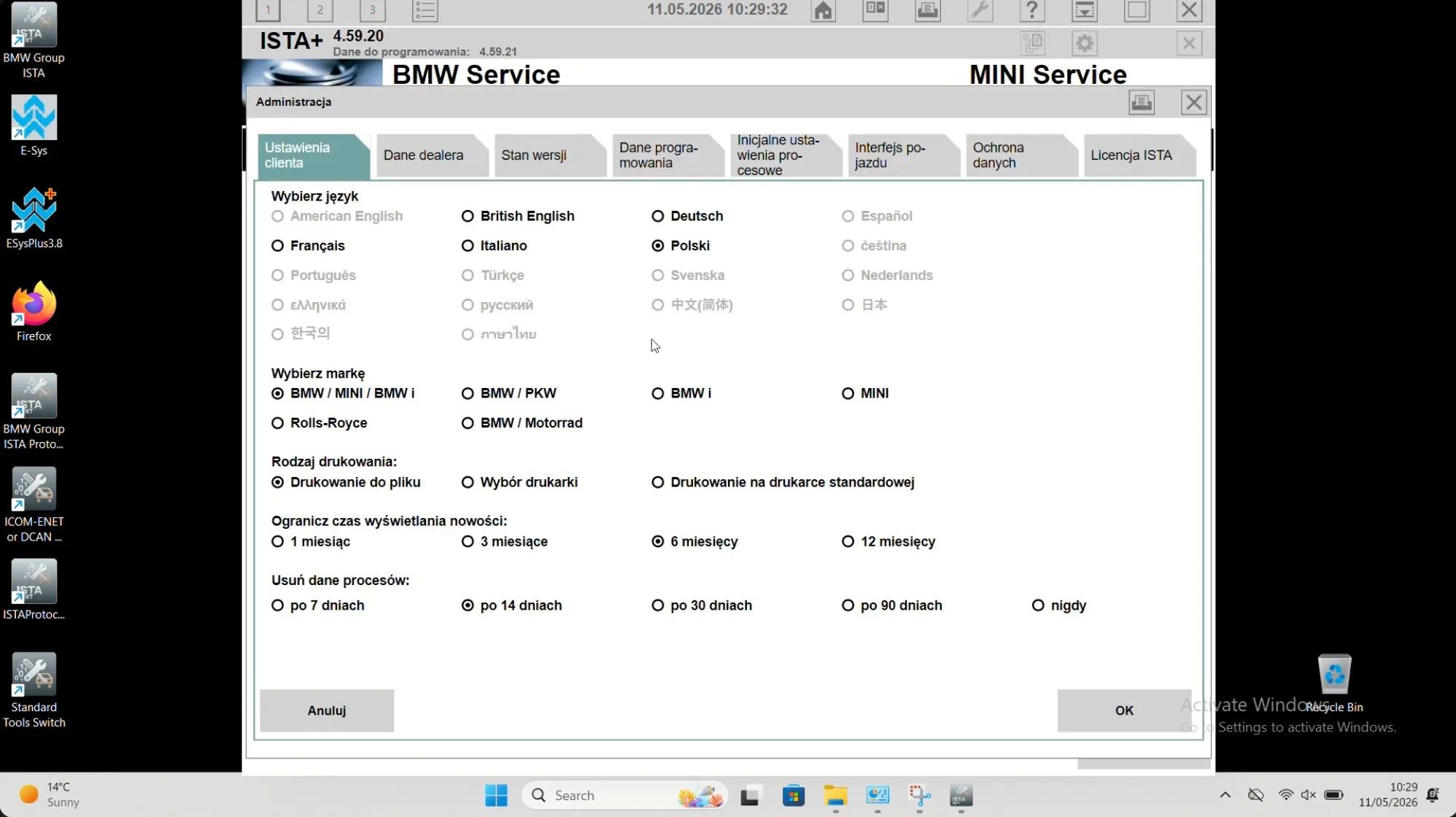BMW ISTA+ 4.59.20 administration settings screen showing language selection and workshop configuration after installation