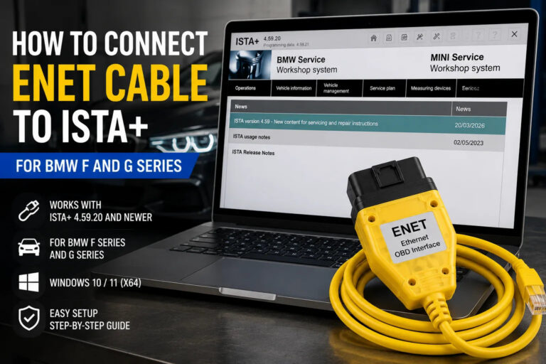 How to connect ENET cable to ISTA+ for BMW F and G Series showing yellow ENET OBD Ethernet adapter, laptop with BMW ISTA diagnostic software, and Windows 10/11 setup guide.