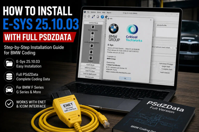 How to install E-Sys 25.10.03 with Full PSdZData for BMW coding, showing E-Sys software on a laptop, yellow ENET cable, PSdZData full version, and BMW F Series G Series setup.